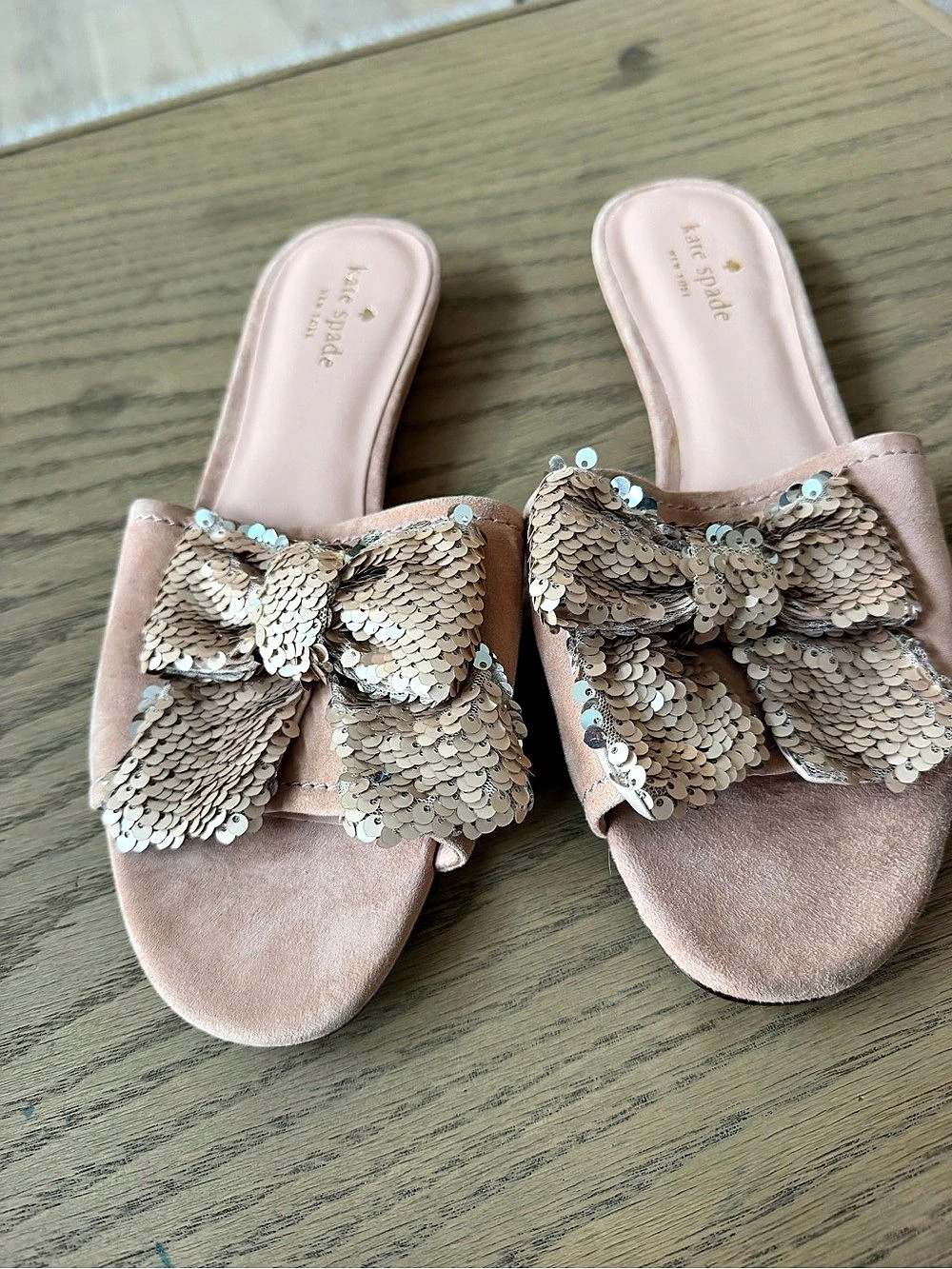 Kate Spade New York Pink Suede Sequin Bow Slide Sandals Women's Size 10